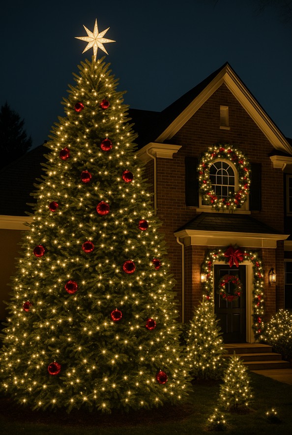 Illuminated Christmas Trees in the Yard